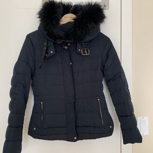 Women’s Navy Blue Puffer Coat with Faux Fur